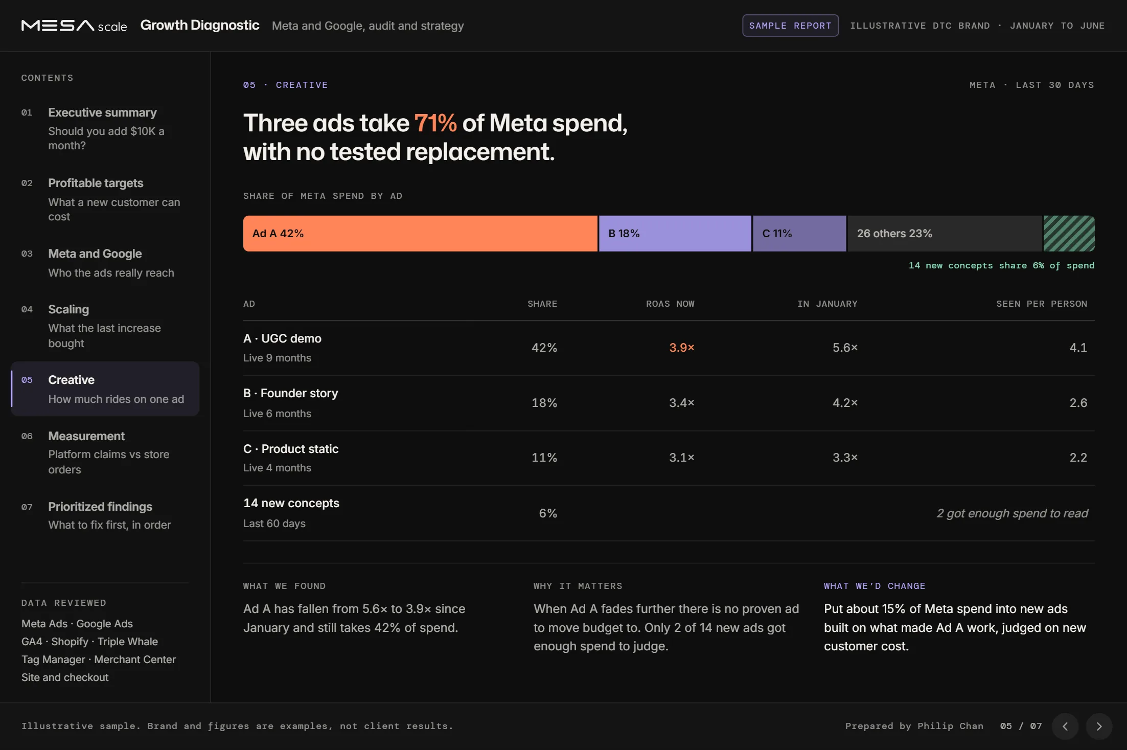 Sample Growth Diagnostic, page 5, creative: three ads take 71% of Meta spend.