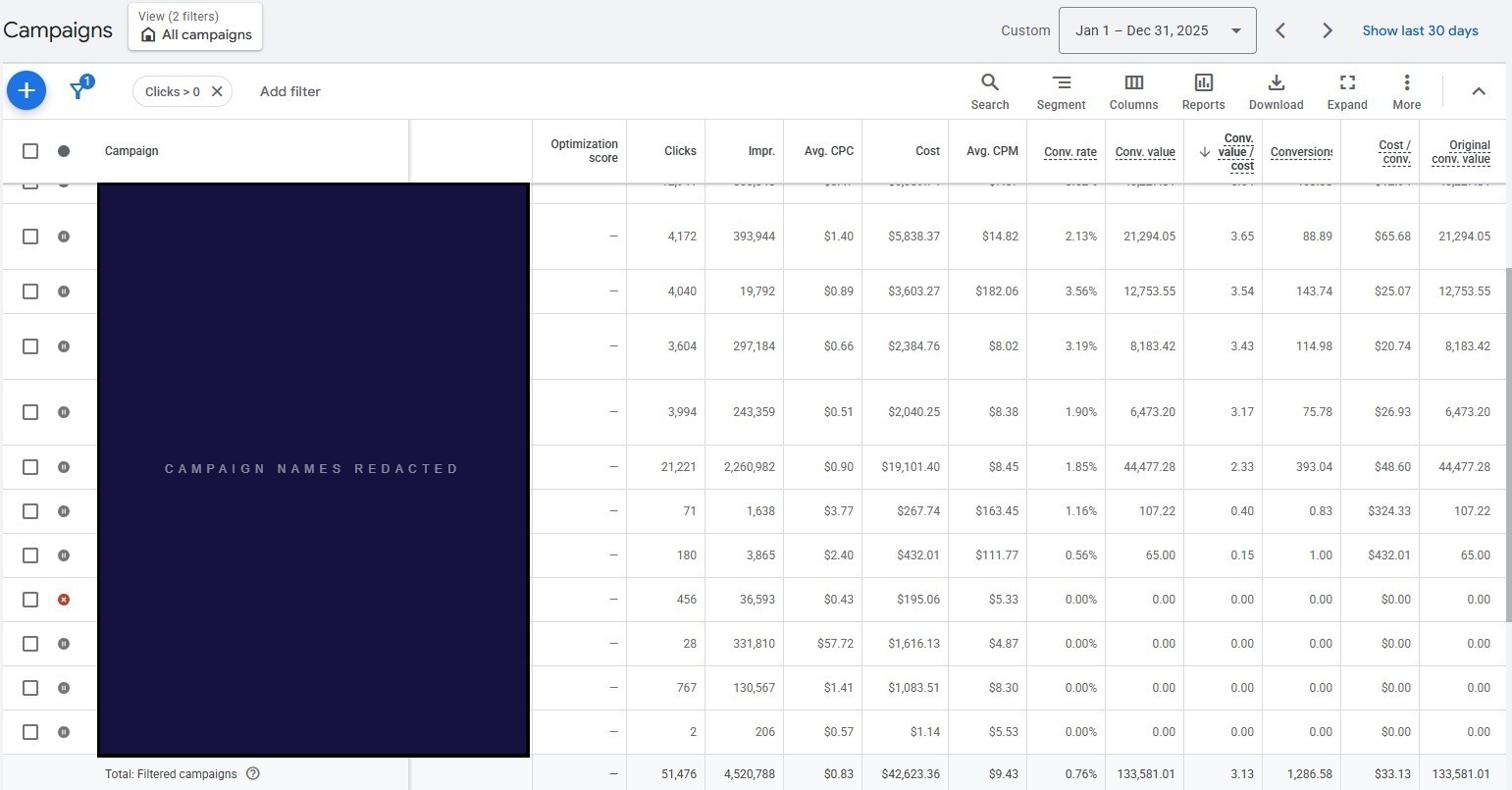 Google Ads account with 14+ fragmented campaigns showing 3.13× blended ROAS, full year 2025. Campaign names redacted per NDA.