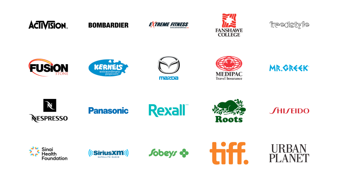 Client logos including Activision, Bombardier, Extreme Fitness, Fanshawe College, Freedstyle, Fusion Stone, Kernels, Mazda, Medipac, Mr. Greek, Nespresso, Panasonic, Rexall, Roots, Shiseido, Sinai Health Foundation, SiriusXM, Sobeys, TIFF, Urban Planet